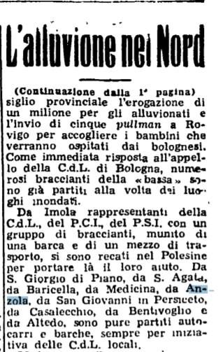 Alluvione Polesine 1951 articolo Unità con anche la solidarietà di Anzola