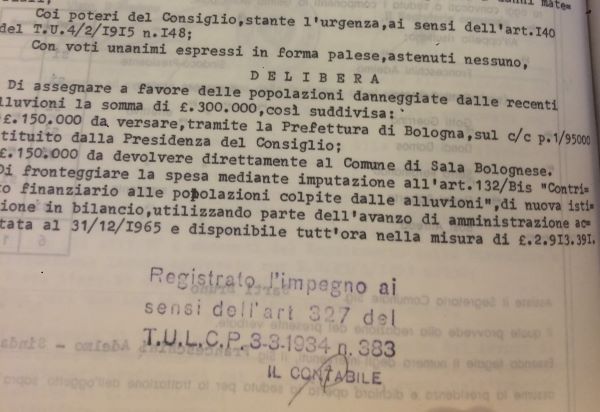 Alluvione 1966 Delibera della giunta Franceschini per aiuti a Sala Bolognese - 16 novembre 1966 